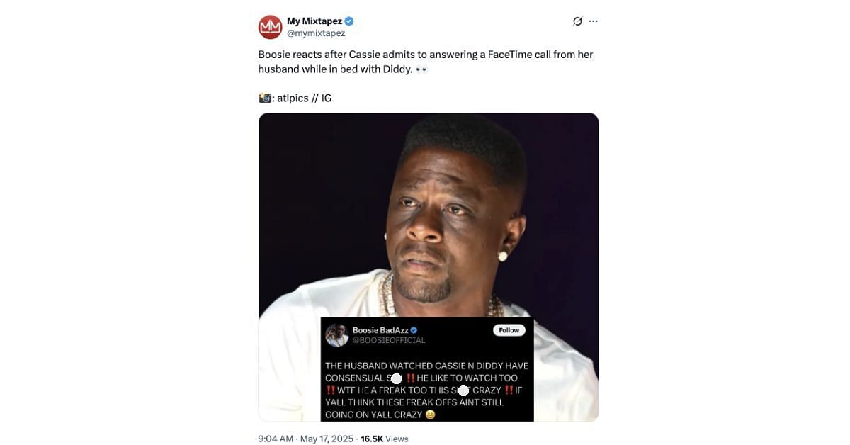 Boosie BadAzz's reaction to Cassie Ventura's testimony (Image via X/@mymixtapez)